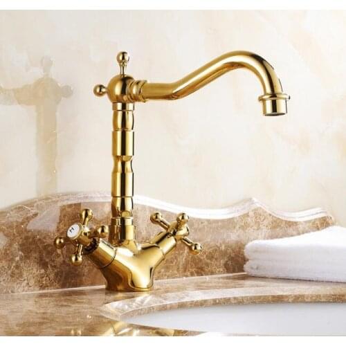 Bathroom & kitchen golden dual handle single hole sink faucets hot and cold water basin taps mixer bath washbasin faucet tap