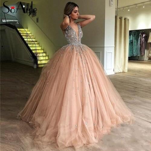 SoAyle Luxury Crystals Prom Gowns 2019 Illusion V Neck Ball Gown Evening Dress Sweet 16 Prom Dress Arabic Dubai Party Dresses