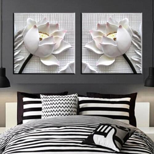2 pcs modern 3D white lotus flowers definition pictures canvas Home Decoration living room Wall modular painting Print cuadros