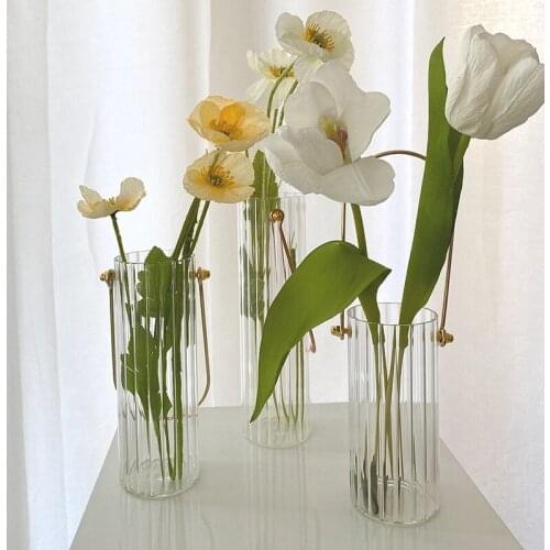 Vertical Pattern Glass Vase Metal Portable Flower Vase Nordic Transparent Terrarium Hydroponics Houseplants Glass Flower Pots