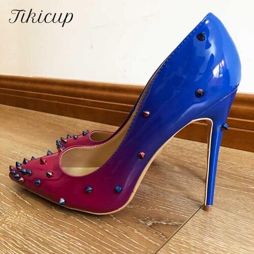 Tikicup Blue Purple Gradient Women Patent Pointed Toe Stiletto Pumps with Spikes Sexy Ladies Party Club Dress Shoes Big Size