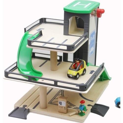 Three floors rise and fall Wooden car parking lot Scene Track Suite Compatible biro magnetic track trains track accessories