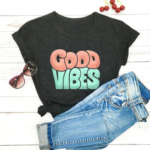 Good Vibes Color Print 100%Cotton Women T Shirt Unisex Funny Summer Casual Short Sleeve Top Vacation Shirt Girls Weekend Tee