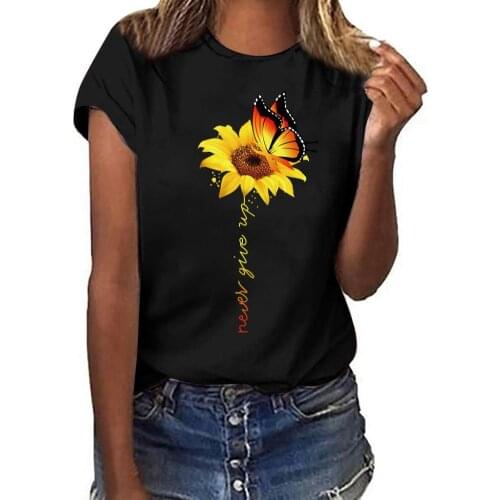 Nevers Give Up Letter Butterfly Sunflower Short Sleeve T-Shirt Women Summer Top Womens printed short-sleeved T-shirt