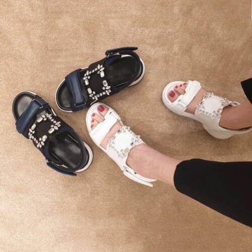 Koovann Womens Sandals 2020 New Trend Genuine Leather Casual Sports Shoes Girls Summer Platform Hook & Loop Buckle Rhinestone