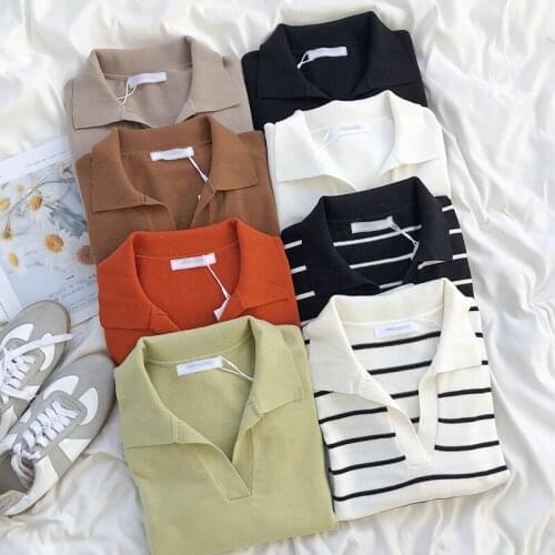 2021 Spring Korean Style Women Stripe Sweater Polos Neck Simple Lapel Soft Waxy Slim Fit Autumn Winter Casual Long Sleeve Jumpe