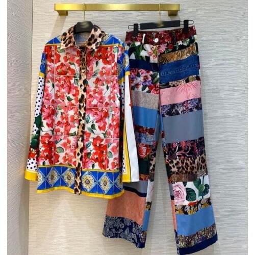 2021 spring women vintage slim pants set single breasted floral patchwork printed blouses + wide-leg pants 2 pieces set Y381
