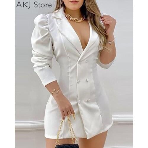 Women Office Dress Double Breasted Puff Sleeve Blazer Dress