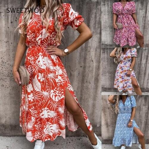 2021 Summer New Arrival Floral Pattern Slim Dress Casual Short Sleeve High Waist Dresses Female Sexy V-Neck Outdoor Colorful Dre