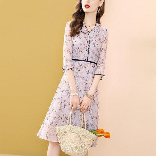 Women Retro Floral Dress V Neck Slim Party Vestidos De Mujer 2021 Summer Elegant Midi 3/4 Sleeve Chiffon Dresses Femme Y904