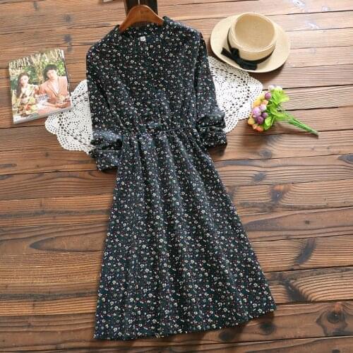 Women corduroy floral print dress for winter new style long sleeve sweet dress elegant mori girl vestidos mujer 2018