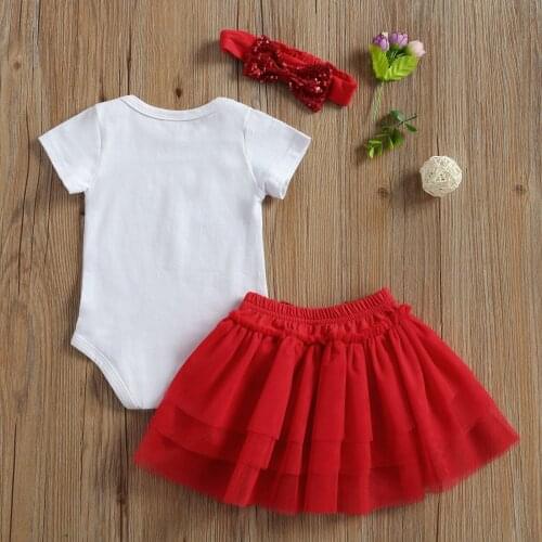 2021 Baby Summer Valentine Clothing 3Pcs Baby Girl Outfits Suit Fashion Letter Romper and Sequin Bow Gauze Skirt with Headband