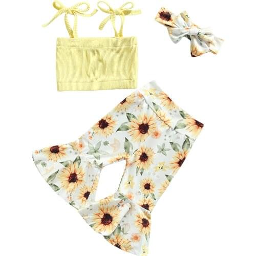 New 3Pcs Baby Summer Outfits, Tied Straps Tank Tops + Floral/Rainbow Flared Trousers + Headband for Toddler Girls, 0-18 Months