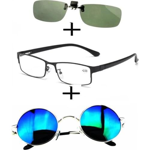 3Pcs!!!rectangular Metal Black Business Reading Glasses for Men Women + Polarized Sunglasses round metal + Sunglasses Clip