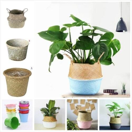 Handmade Bamboo Storage Baskets Foldable Laundry Straw Patchwork Wicker Rattan Seagrass Belly Garden Flower Pot Planter Basket