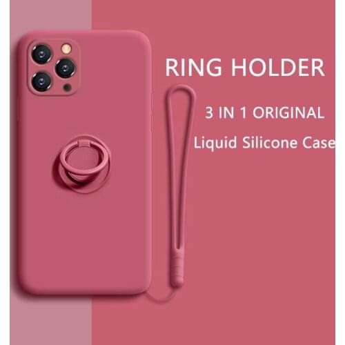 Ring Case For iPhone 12 Liquid Silicone Holder Cover For iPhone 11 Pro Xs Max XR X 6 6s 7 8 Pluse SE Stand Coque With Hand Strap
