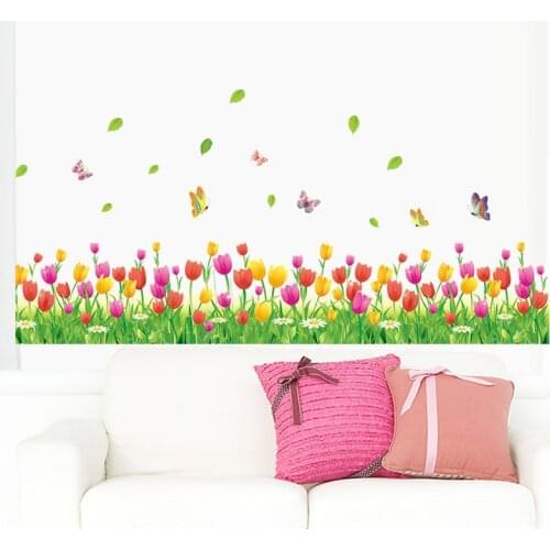 Colorful tulip flowers baseboard wall decals home decorative stickers adesivos de paredes living room bedroom 3d wall art poster