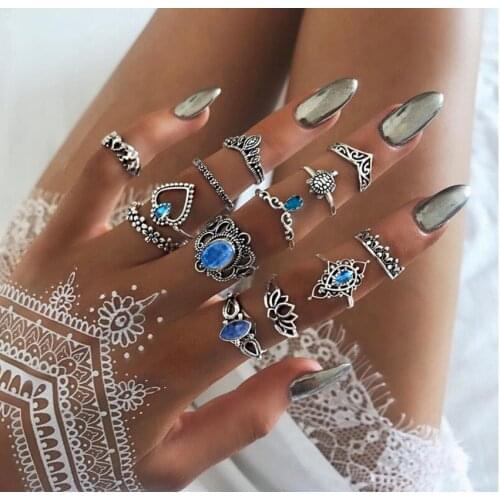 Docona 13pcs/sets Bohemia Blue Rhinestone Rings for Women Retro Geometry Elephant Tortoise Joint Ring Set Jewelry кольца 4264