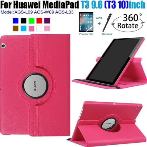For Huawei MediaPad T3 10 Case Cover AGS-W09 AGS-L09 AGS-L03 9.6'' Tablet 360 Rotating Filp Leather Stand Case With Pen+Film