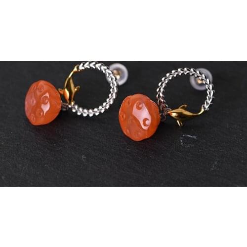 FNJ Dolphin Round Earrings 925 Silver Original Pure S925 Sterling Silver Stud Earring Women Jewelry Lotus Red Agate