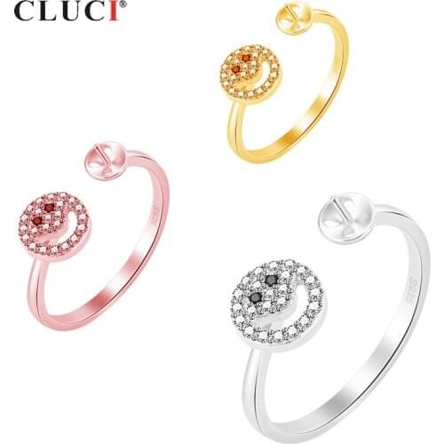 CLUCI 925 Sterling Silver Zircon Rings Jewelry Women Pearl Ring Mounting Silver 925 Adjustable Ring Smile Face Rings SR2178SB