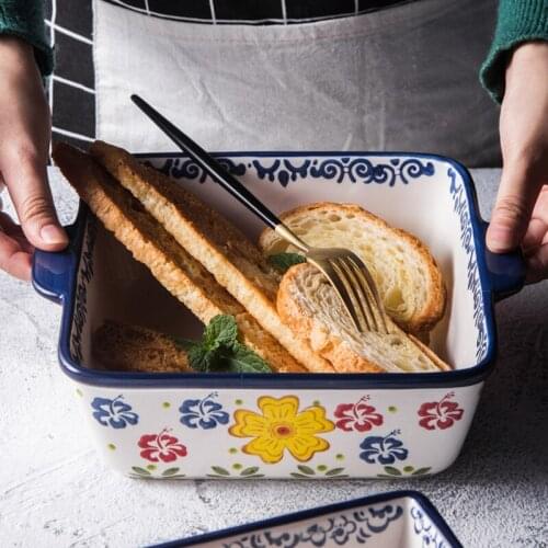 Creative Rectangular Ceramic Baking Plate Double-eared Oven Cheese Baking Bowl Household Large Soup Deep Plate