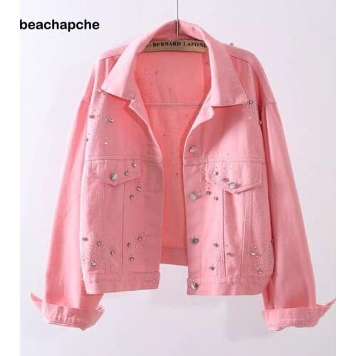 Beachapche Womens Denim Jacket Spring Autumn Short Coat Pink Jean Jackets Casual Tops White Purple Yellow Diamond Loose Outerwe