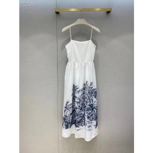 Summer Fashion Runway Vintage Dress Women Spaghetti Strap Beautiful Print Slash Neck Midi Party Elegant Dress