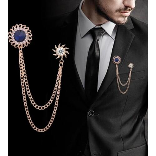 Retro Crystal Geometry Brooch Tassel Chain Lapel Pins Mens Suit Shirt Collar Fashion Jewelry Brooches for Women Accessories