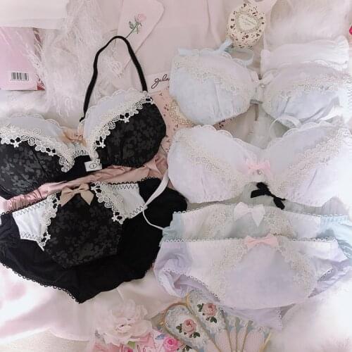 Sakura Lace Trim Japanese Bra & Panties Set Thin Wireless Soft Underwear Intimates Set Kawaii Lolita 3 Colors