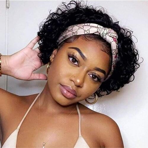 NICY Pixie Cut Headband Wig Curly Human Hair Wig Remy Short Bob Human Hair Scarf Wig For Black Women