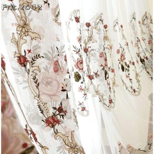 New Embroidery European Curtains Red Big Flower American Villa Curtains Living Room Balcony Bedroom Embroidered White Curtains