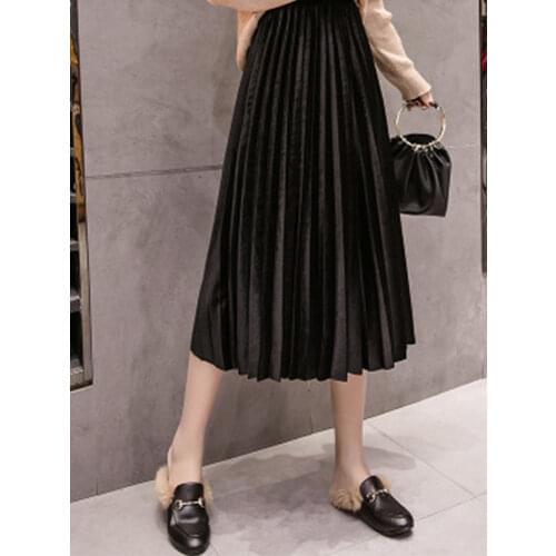 2021 Autumn Winter Velvet Skirt High Waisted Skinny Large Swing Long Pleated Skirts Metallic Plus Size 3XL Midi Saia