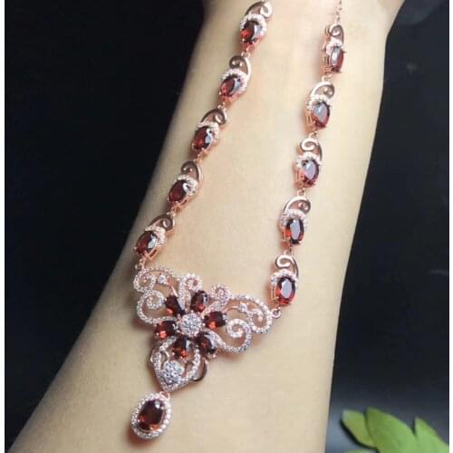Natural red garnet gem Graceful butterfly flowers Pendant necklace S925 silver Natural gemstone necklace women wedding jewelery