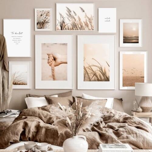 Sand Reed Grass Sunset Beach Sea Bird Quotes Wall Art Print Canvas Painting Nordic Wall Art Pictures Living Room Home Decor