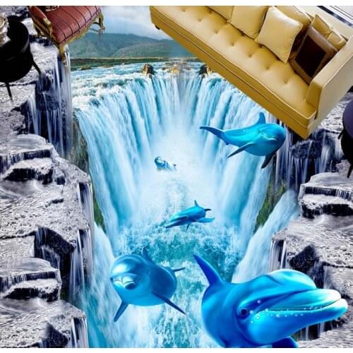 Custom 3d floor Waterfall Dolphin Shark wallpapers for living room 3d floor painting self adhesive floor murals wallpaper