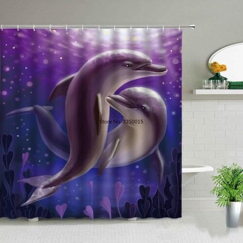 Romantic Couple Dolphin Shower Curtains Cute Ocean Animal Tropical Fish Childrens Bathroom Decor Waterproof Cloth Curtain Set