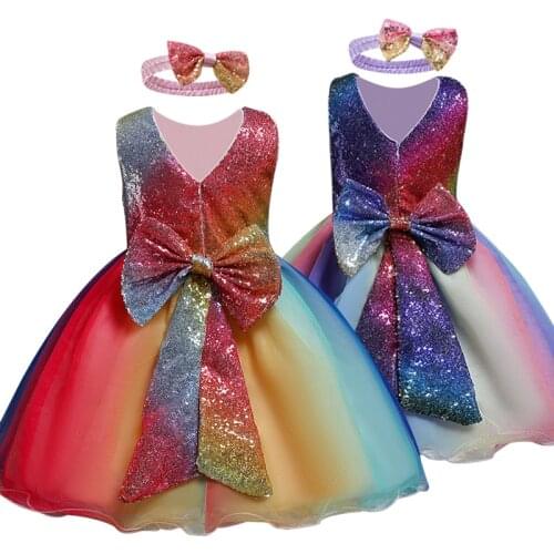 Sequined Big Bow Unicorn Dress Wedding Ceremony Kids Dresses for Girls Tutu Gown Unicornio Party Princess Cotsume Size 1-5 Years