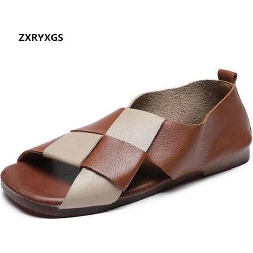 2021 Summer Classic Retro Cowhide Hand-woven Open Toe Sandals Ladies Sandals Spell Colors Fish Mouth Shoes Woman Casual Sandals