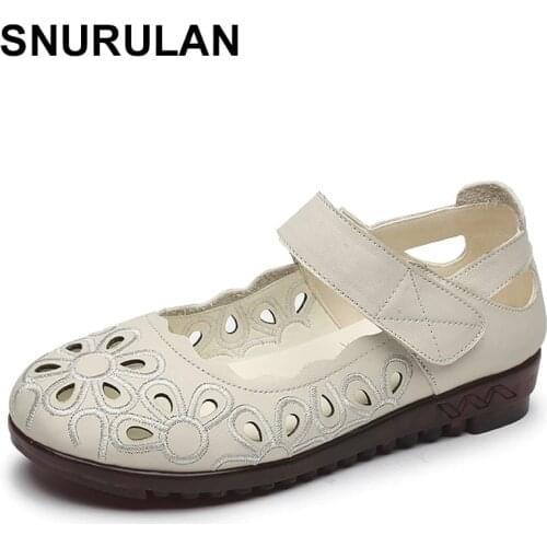 SNURULAN Genuine Leather Summer Women Flat Shoes Cutout Large Size Comfortable Sandals Women Flower Embroidery Casual ShoesWoman