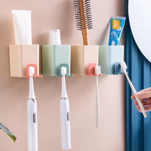 Toothbrush Storage Rack Toothpaste Holder Rack Wall Mounted Self Adhesive Bathroom Tooth Brushes Mouthwash Cup Organizer