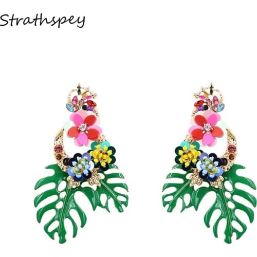 STRATHSPEY Boho Exaggerate Flower Leaf Sequin Drop Earrins For Women Ethnic Crystal Big Pendant Dangle Earring Handmade Jewelry