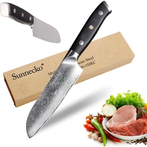 SUNNECKO Santoku Chef Knife Kitchen Knives Japanese Damascus VG10 Steel Sharp G10 Sanding Handle 5 inch Paring Cutter Tools