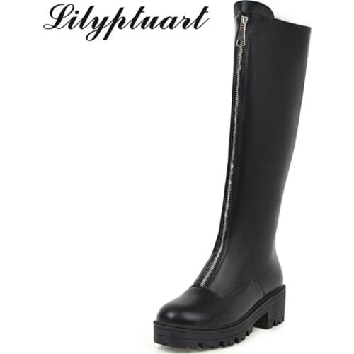 Front zipper high tube boots with a round head fashion knight boots autumn and winter new European and American single boots