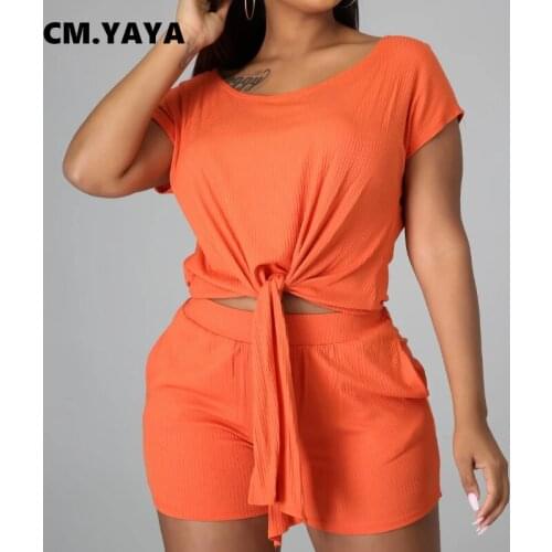 CM.YAYA Women Set Solid Short Sleeve O-neck Bandage T-shirt Sheath Elastic Shorts 2 Piece Set Casual Streetwear Summer Outfits