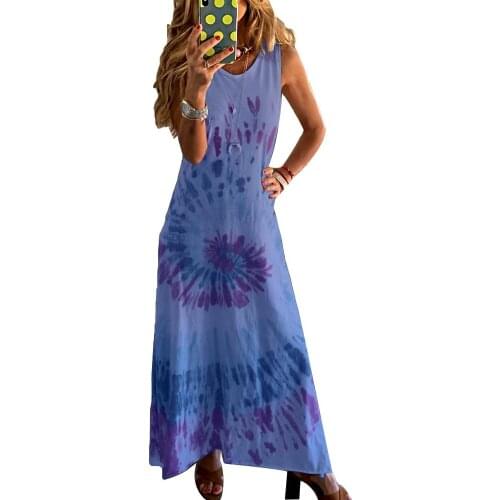 Hot apparel dress Women Casual O Neck Sleeveless Swirl Print Large Hem Beach Loose Long Dress