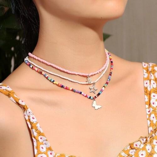 Boho Colorful Seed Bead Star Butterfly Charms Choker Necklace Statement Short Collar Clavicle Chain Necklace for Women Jewelry