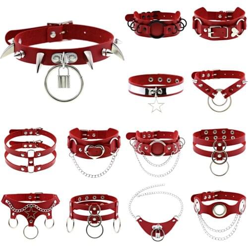 2021 New Summer Goth Red PU Leather Necklaces Women Sexy Choker Collar Punk Emo Spiked Neck Strap Clavicle Mens Jewelry Bondage