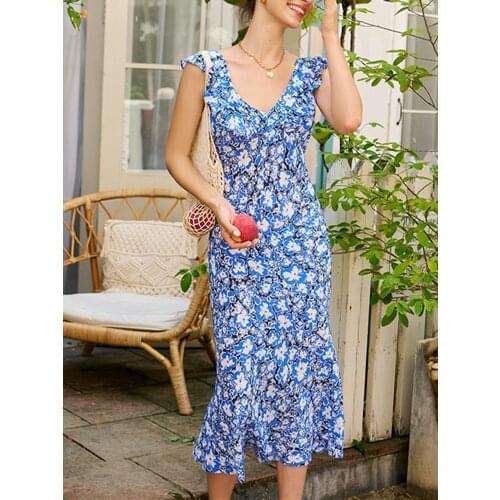 Floral Print Women Blue Midi Dress 2021 Summer Sexy High Waist Silk Off-Shoulder Ruffles Trim Ladies Long Dresses Robe