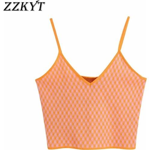 ZZKYT 2021 Women Summer Fashion Plaid Cropped Knit Tank Tops Vintage Sweet V-Neck Sleeveless Backless Female Casual Chic Tops